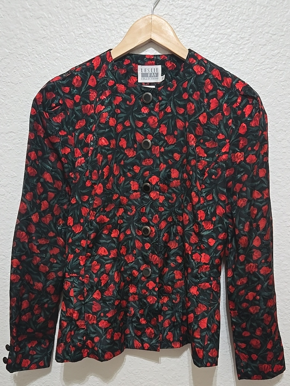 Vintage Leslie Fay Black Button-Front Blouse with Red Floral Print